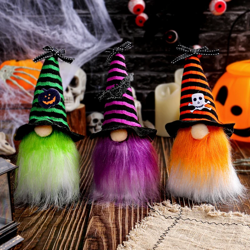 Halloween-Wichtel Dekofigur mit spitzem Hut und Kunstfellbart