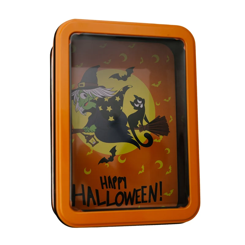 Halloween-Metallbox mit Sichtfenster und Hexenmotiv