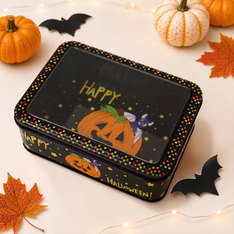 Halloween-Metallbox mit Sichtfenster und Hexenmotiv