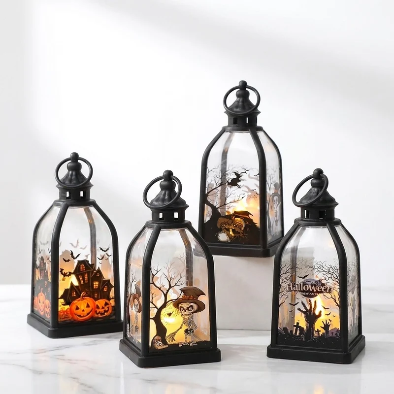 Halloween-Dekolaterne mit LED-Imitatkerze und Skelett-Glaseinsätzen antikoptik