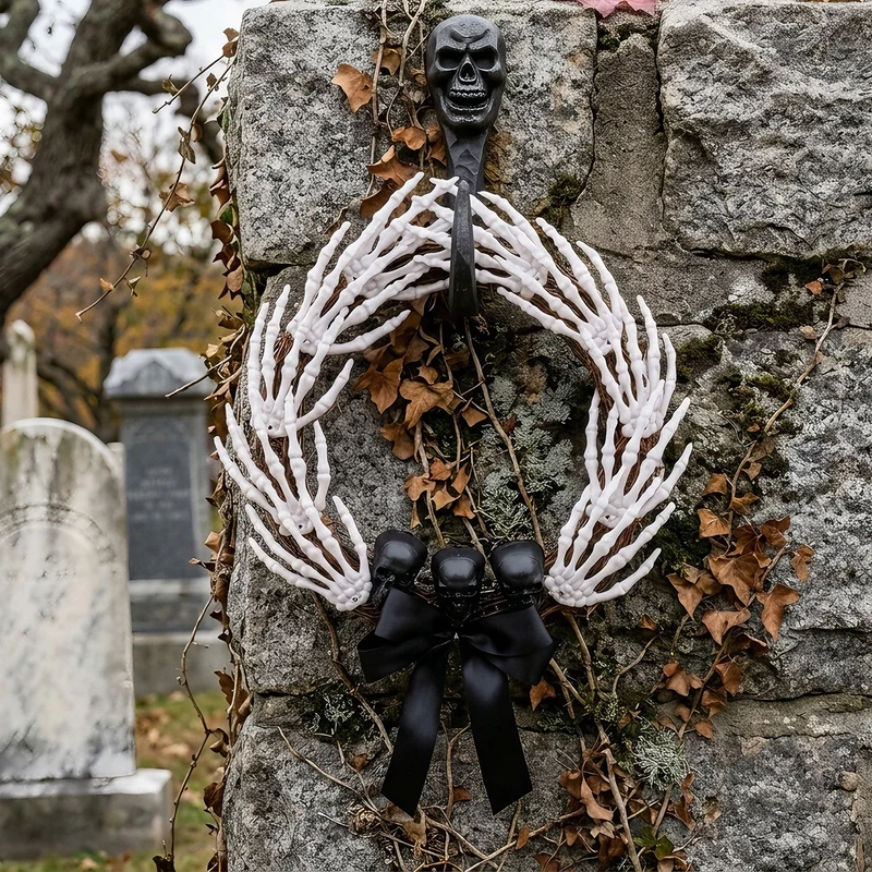 Grusel-Halloween-Türkranz mit Skeletthänden, drei Totenköpfen und Satin-Schleife
