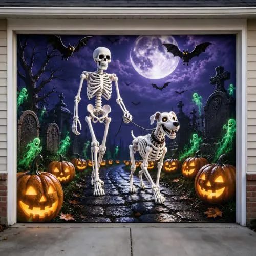 Großformatiger Halloween-Fotohintergrund aus wetterfestem Polyester mit geöstem Befestigungsrand und leuchtendem Haunted-House-Motiv
