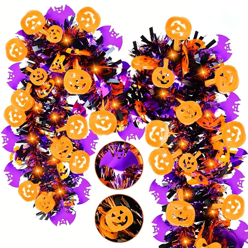 Glänzende Halloween-Girlande aus Kunststoff mit Kürbis-Konfetti und dichten Fransen