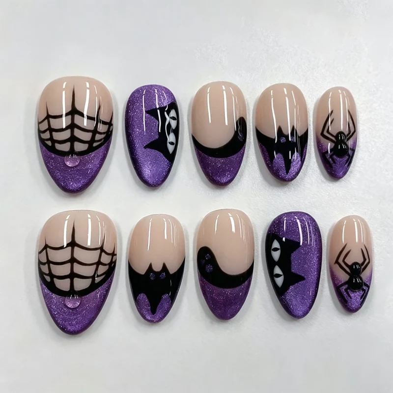 Halloween-Themen Press-On Nagelkunst Set mit Spinnen- und Netzmuster
