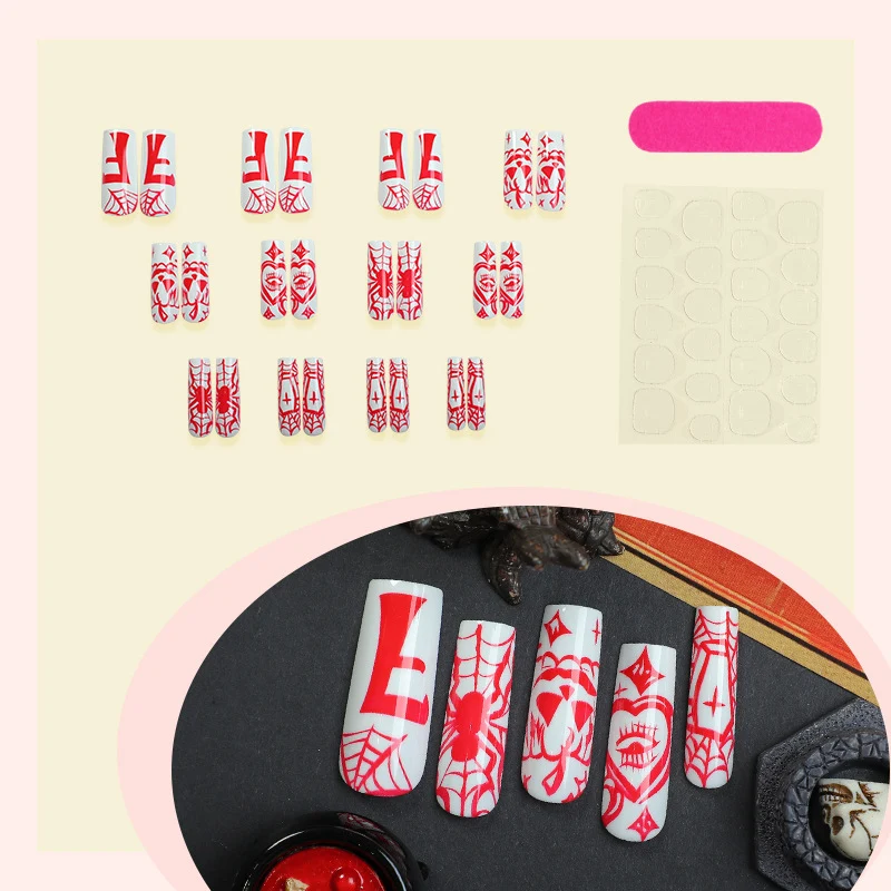 Halloween-Themen Press-On Nageldesign Set mit gothischem Spinnendesign