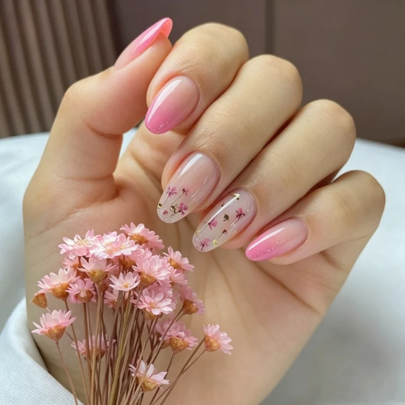 Blumige Ombre Druck-Nagel-Set