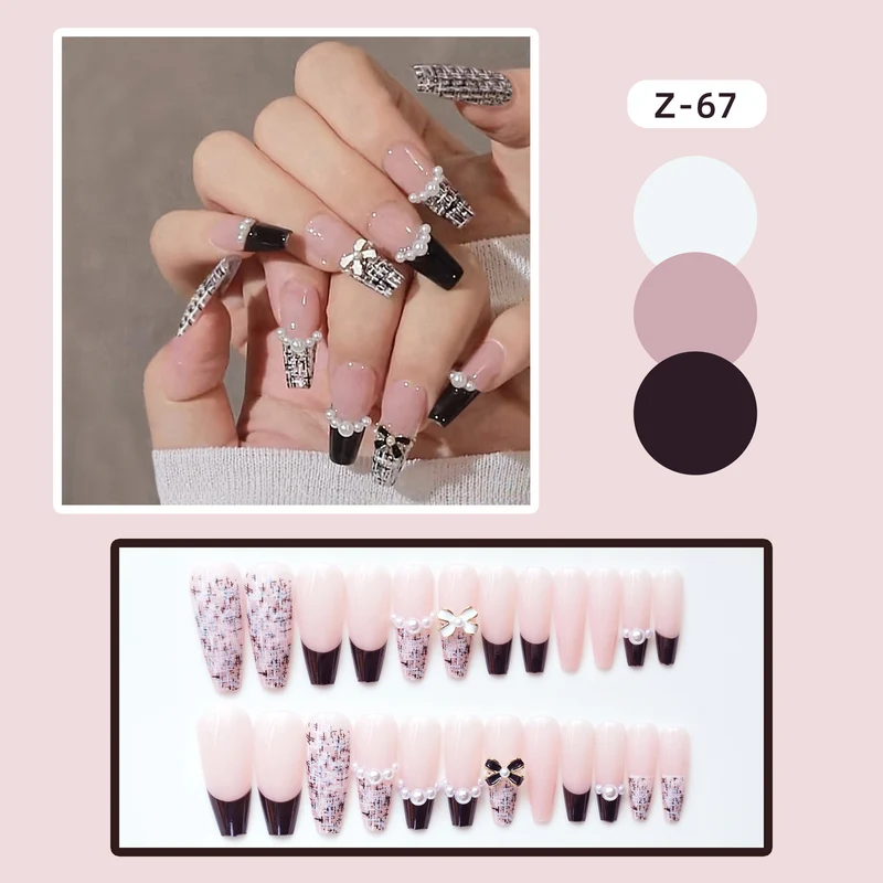 Dekoratives Press-On-Nagel-Set mit Perlen- und Schleifendesigns