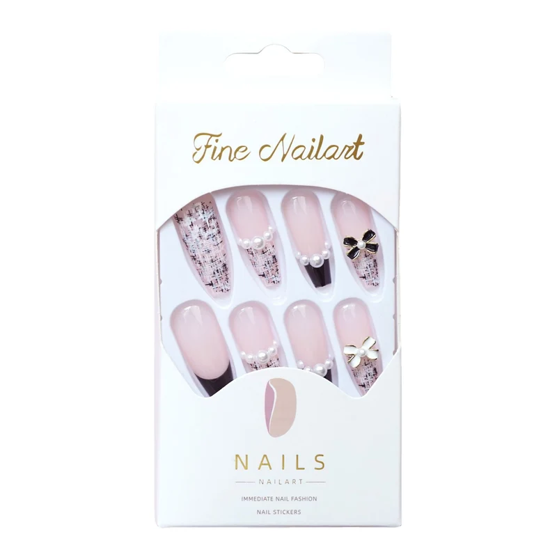 Dekoratives Press-On-Nagel-Set mit Perlen- und Schleifendesigns