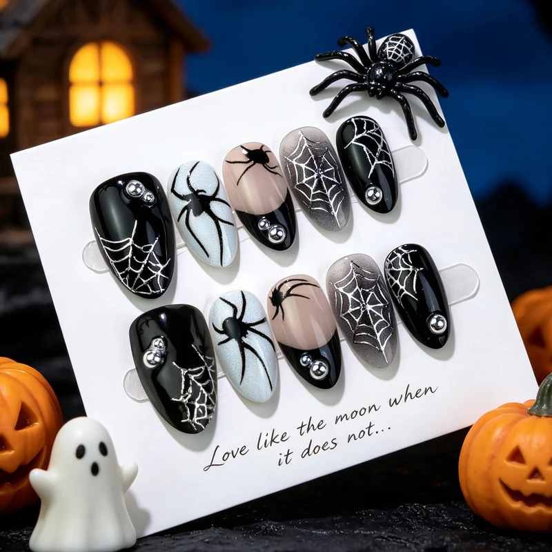 Halloween-Themen Press-On Nail Set mit Spinnen- und Netzdesign Karnz