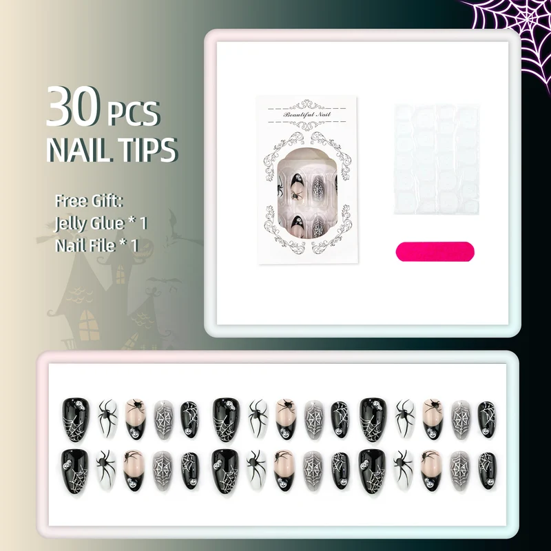 Halloween-Themen Press-On Nail Set mit Spinnen- und Netzdesign Karnz