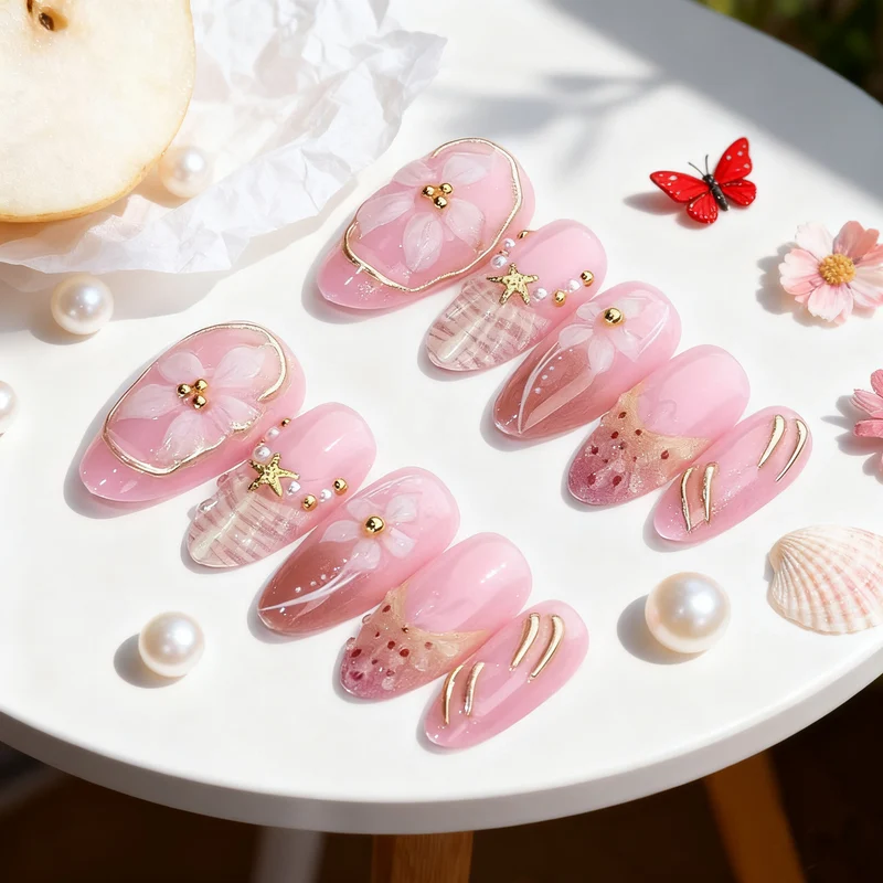 Elegantes, mit Blumen verziertes Press-On-Nagelset Karnz