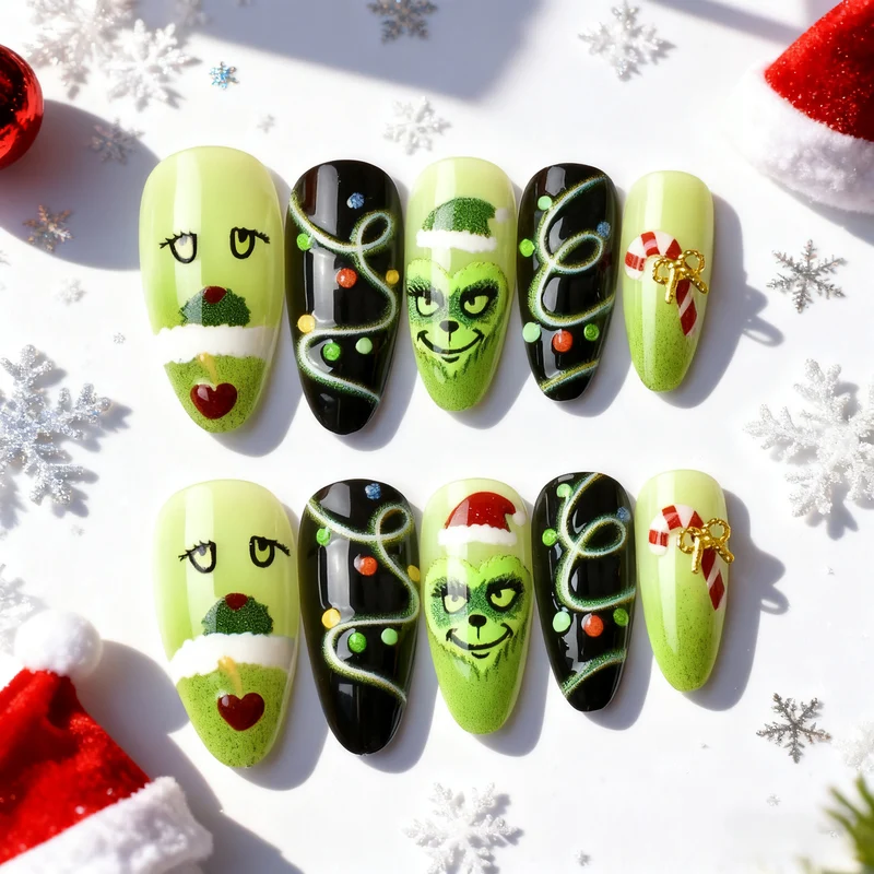 Festliches Grinch-Themen Press-On Nagelkunst Set Karnz
