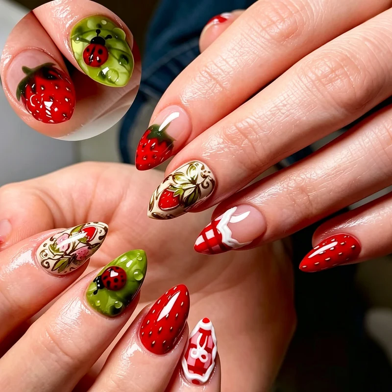 Künstlerisches Erdbeer-Thema Press-On Nagelkunst Set Karnz