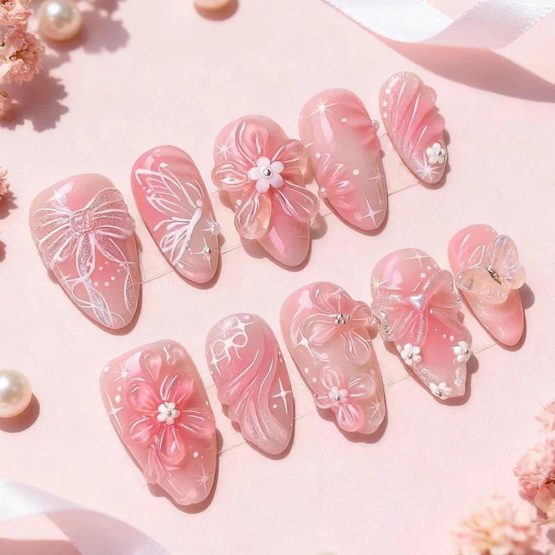 Blumen- und Schleifen-verzierte Press-On Nagelkunst-Set Karnz