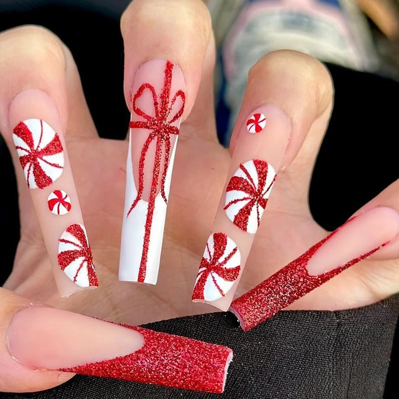 Festliche Zuckerstangen-Press-On-Nagelkunst Karnz