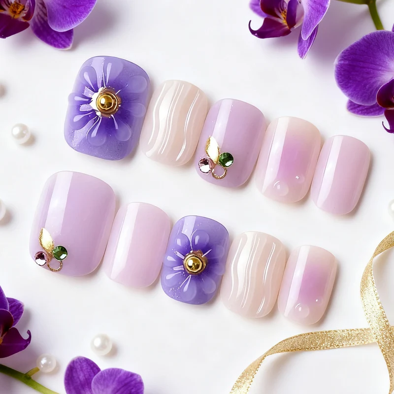 Elegantes dekoratives Press-On-Nagelset mit floralen und Juwelenakzenten Karnz