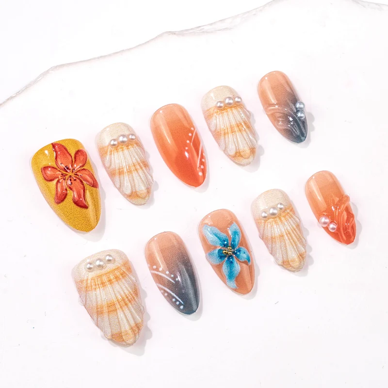 Künstlerisches von Muscheln inspiriertes Press-On Nagelkunst Set Karnz