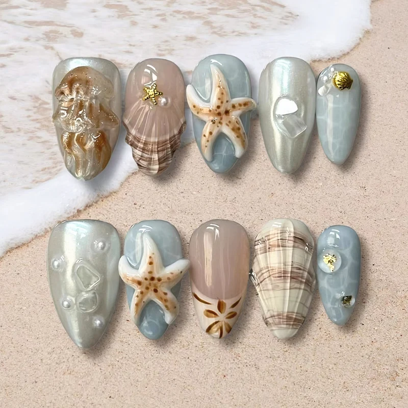 Küsten-inspiriertes dekoratives Press-On-Nagelkunst-Set Karnz