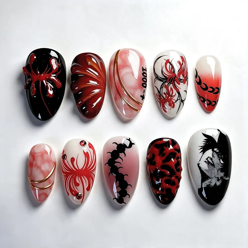 Künstlerisches Press-On-Nagelkunst-Set mit kunstvollen Spinnen- und Schädel-Designs Karnz