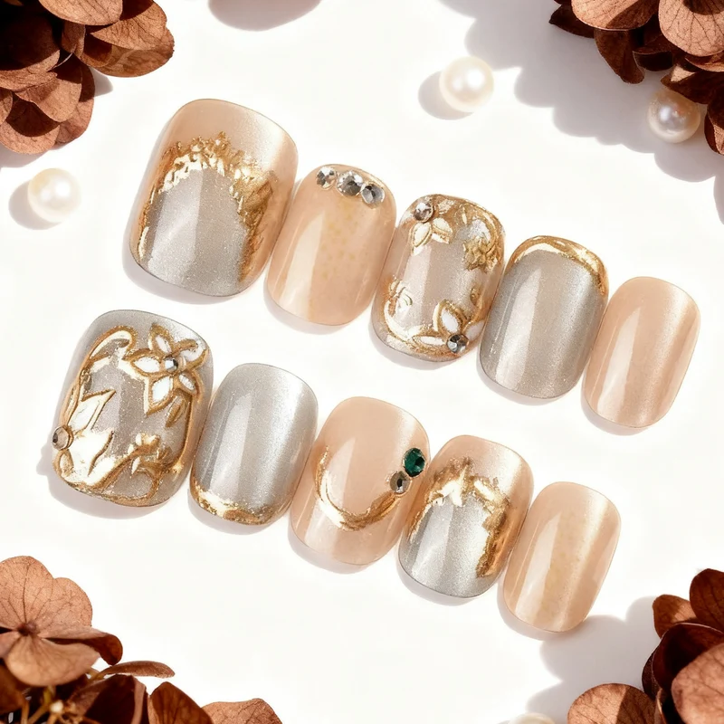 Dekoratives Press-On-Nagelkunst-Set mit eleganten floralen Verzierungen Karnz