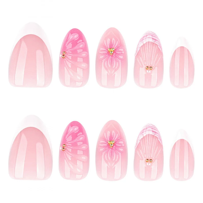 Künstlerisches Floral Press-On Nagelkunst Set mit Muschel- und Edelsteinakzenten Karnz