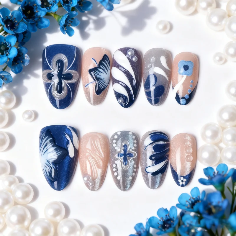 Künstlerisches florales Press-On-Nagelkunst-Set mit Perlenakzenten Karnz
