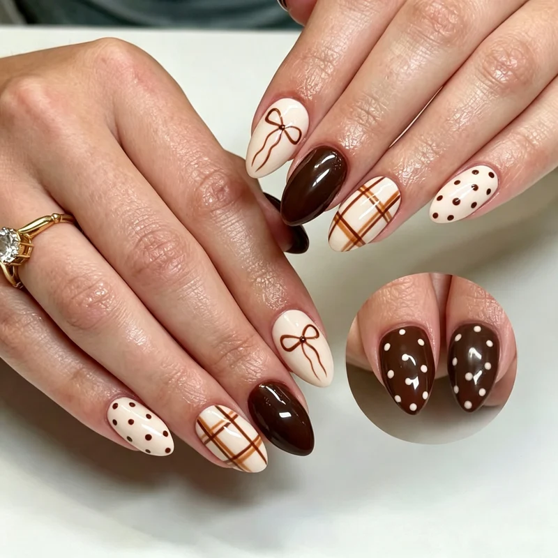 Dekoratives Press-On Nagelkunstset mit Schleifen- und Punkte-Designs Karnz