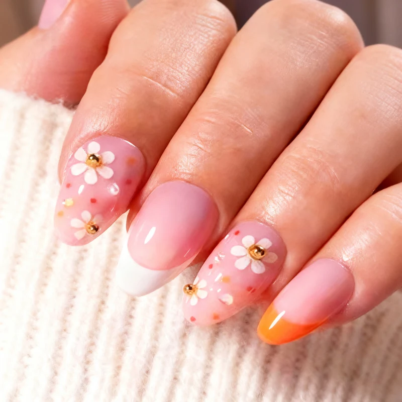 Künstlerisches, mit Blumen verziertes Press-On Nagelset Karnz