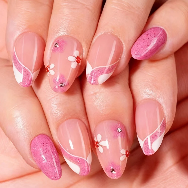 Künstlerisches, mit Blumen verziertes Press-On Nagelset Karnz