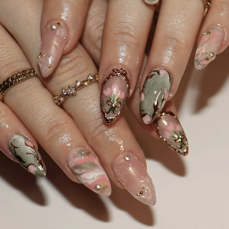 Künstlerisches floral-verziertes Press-On Nagelkunst-Set Karnz 1790636586