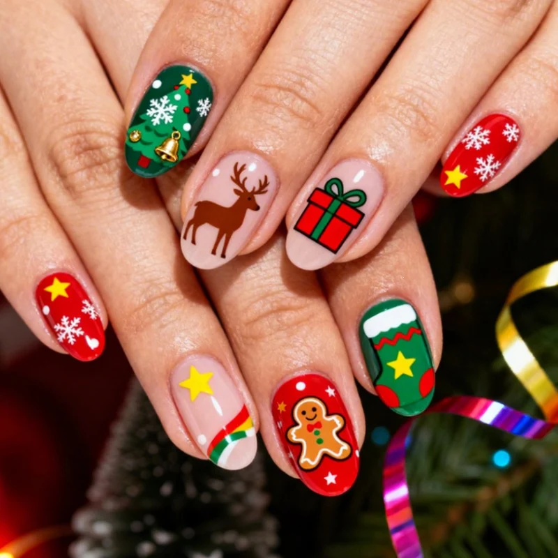 Kunstnagelset mit Weihnachtsmotiven und festlichen Designs Karnz