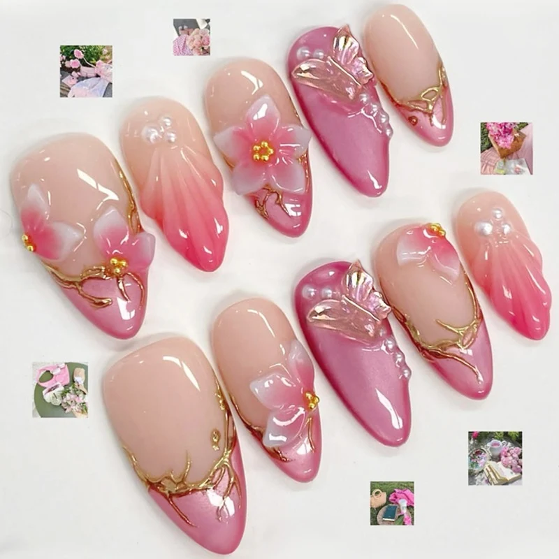 Kunstnagelset mit floralen 3D-Designs und eleganten Glanz-Akzenten Karnz