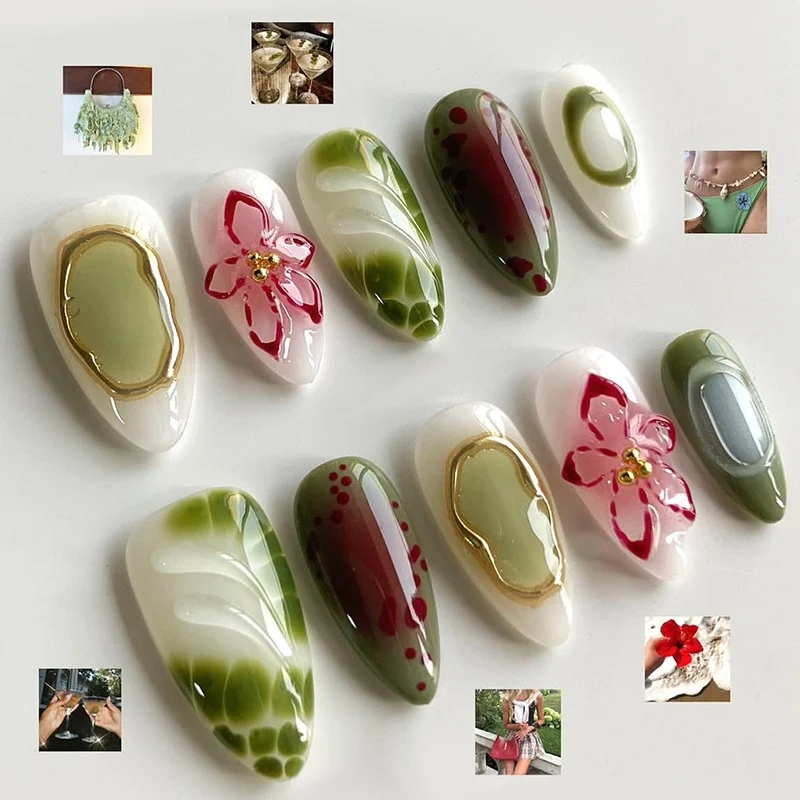 Kunstnagelset mit eleganten floralen Designs und farblichen Akzenten Karnz