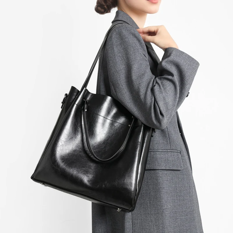 Strukturiert Glänzendes Leder-Look Große Schultertasche mit Doppelte Oberhandgriffe