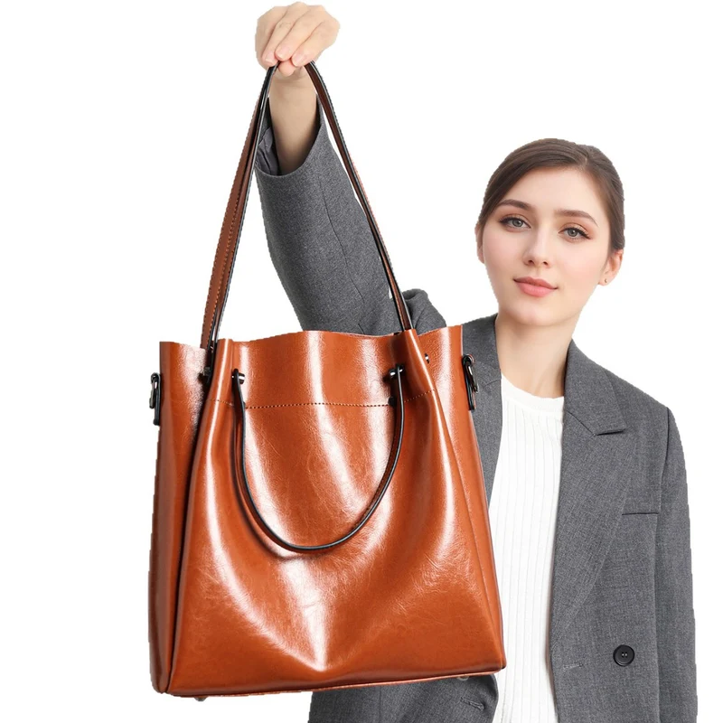 Strukturiert Glänzendes Leder-Look Große Schultertasche mit Doppelte Oberhandgriffe